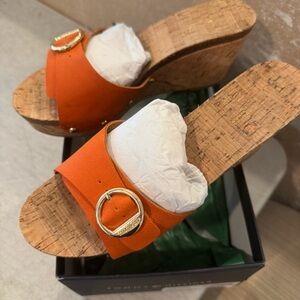 Tommy Hilfiger Orange Cork Wedge Sandals with Gold Ring Accent